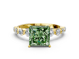 Yellow gold Fancy Green Princess  Solitaire Diamond Ring with Pave Band and Four-Prong Setting
