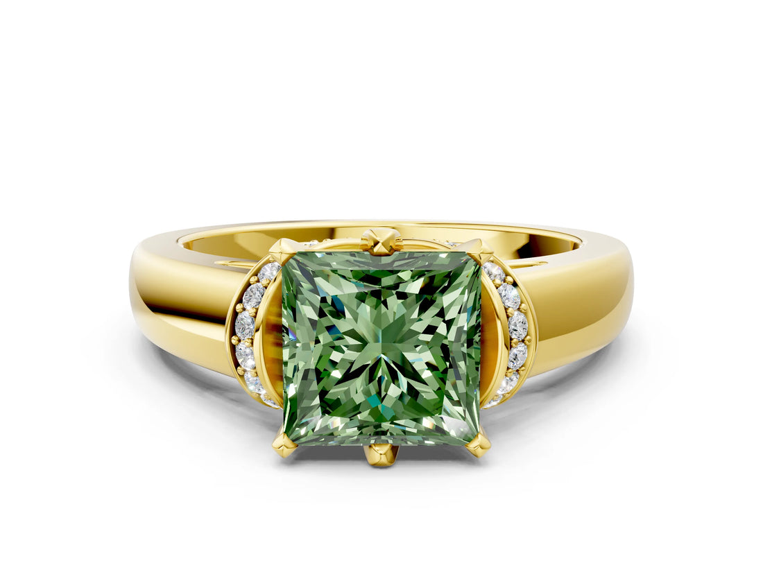 Yellow gold Fancy Green Princess  Solitaire Diamond Ring with Pave Band and Six-Prong Setting_28
