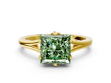 Yellow gold Fancy Green Princess  Solitaire Diamond Ring with Six-Prong Setting and Tapered Band
