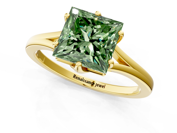 Yellow gold Fancy Green Princess  Solitaire Diamond Ring with Six-Prong Setting and Tapered Band