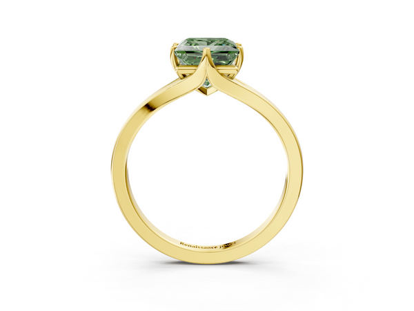 Yellow gold Fancy Green Princess  Solitaire Diamond Ring with Six-Prong Setting and Tapered Band