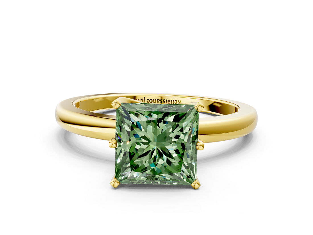 Yellow gold Fancy Green Princess  Solitaire Diamond Ring with Six-Prong Setting on a Classic Band