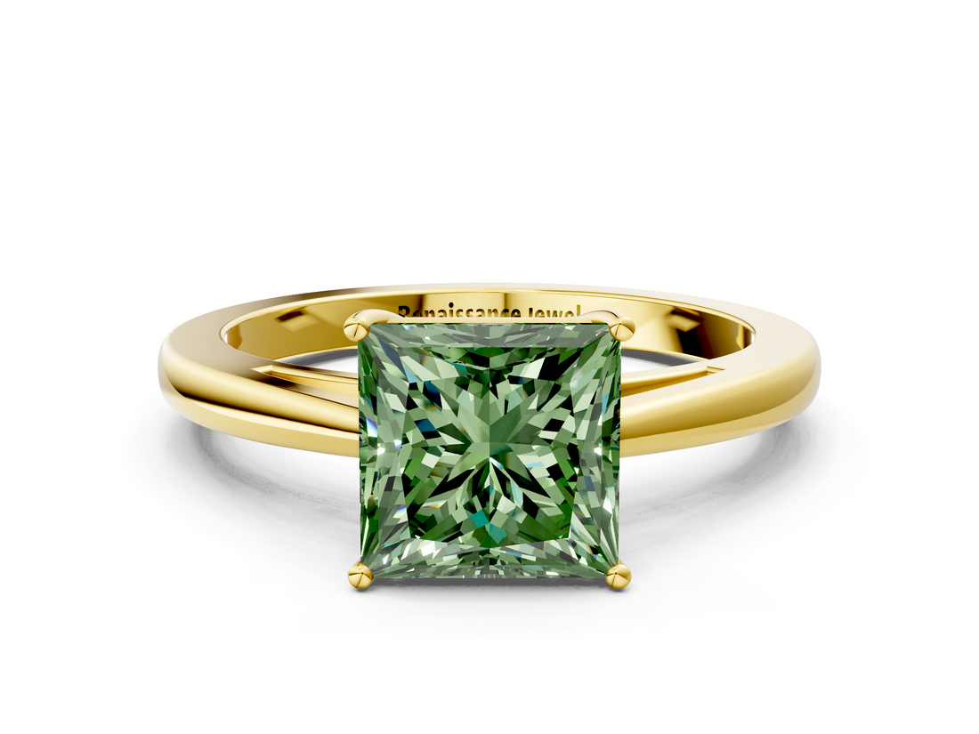 Yellow gold Fancy Green Princess  Solitaire Diamond Ring with Split Shank and Four-Prong Setting