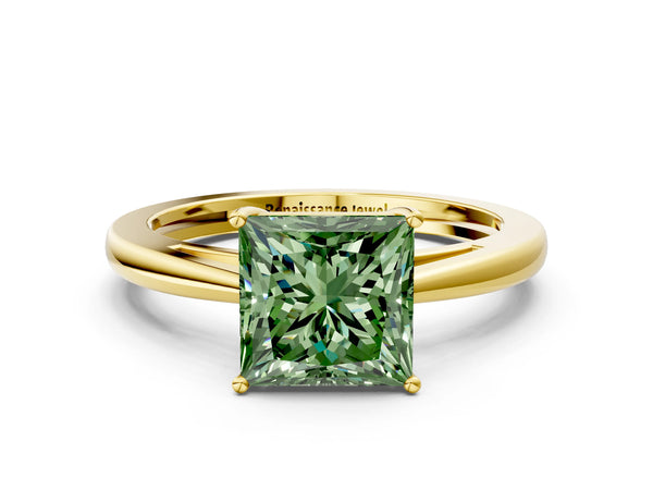 Yellow gold Fancy Green Princess  Solitaire Diamond Ring with Split Shank and Four-Prong Setting