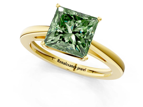 Yellow gold Fancy Green Princess  Solitaire Diamond Ring with Split Shank and Four-Prong Setting