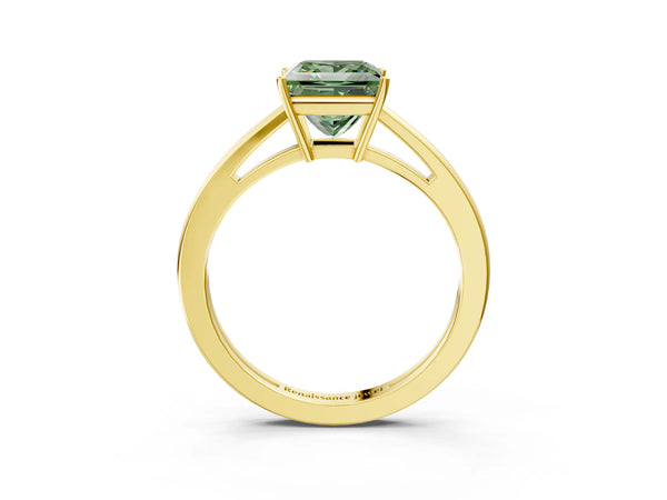 Yellow gold Fancy Green Princess  Solitaire Diamond Ring with Split Shank and Four-Prong Setting