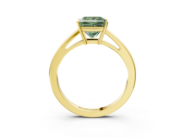 Yellow gold Fancy Green Princess  Solitaire Diamond Ring with Split Shank and Four-Prong Setting