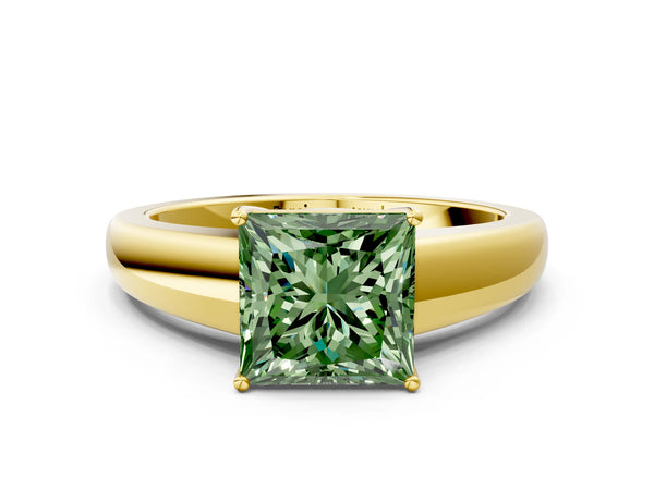 Yellow gold Fancy Green Princess  Solitaire Diamond Ring with Tapered Band and Four-Prong Setting