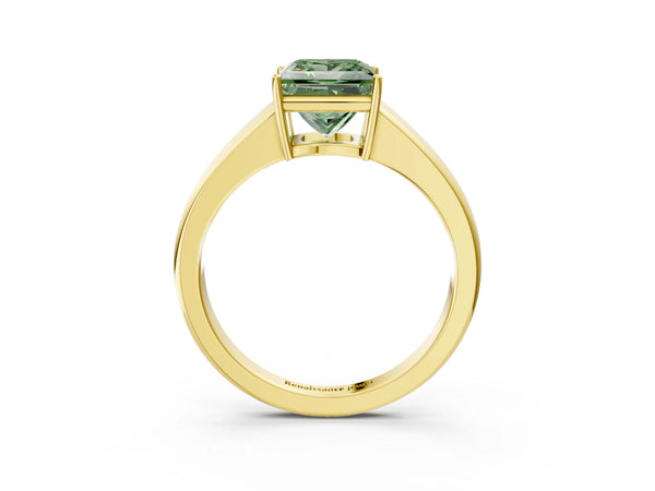Yellow gold Fancy Green Princess  Solitaire Diamond Ring with Tapered Band and Four-Prong Setting