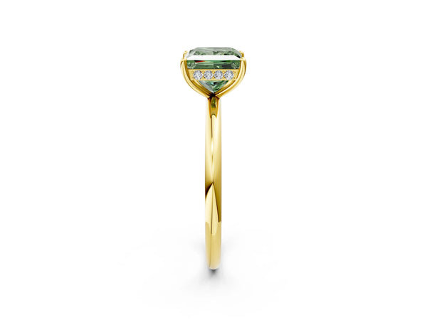 Yellow gold Fancy Green Princess  Solitaire Diamond Ring with a Classic Band and Four-Prong Setting