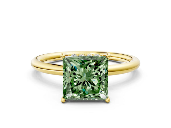 Yellow gold Fancy Green Princess  Solitaire Diamond Ring with a Classic Band and Four-Prong Setting