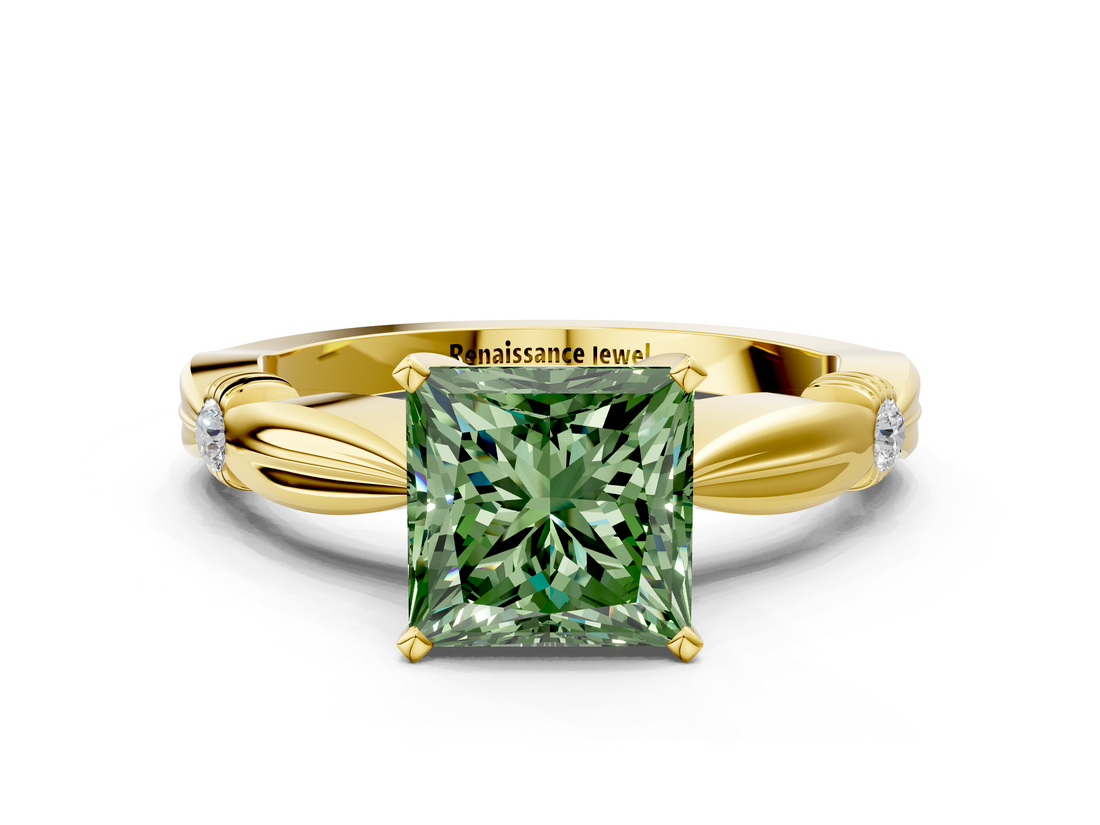 Yellow gold Fancy Green Princess  Solitaire Diamond Twisted Band with Four-Prong Setting