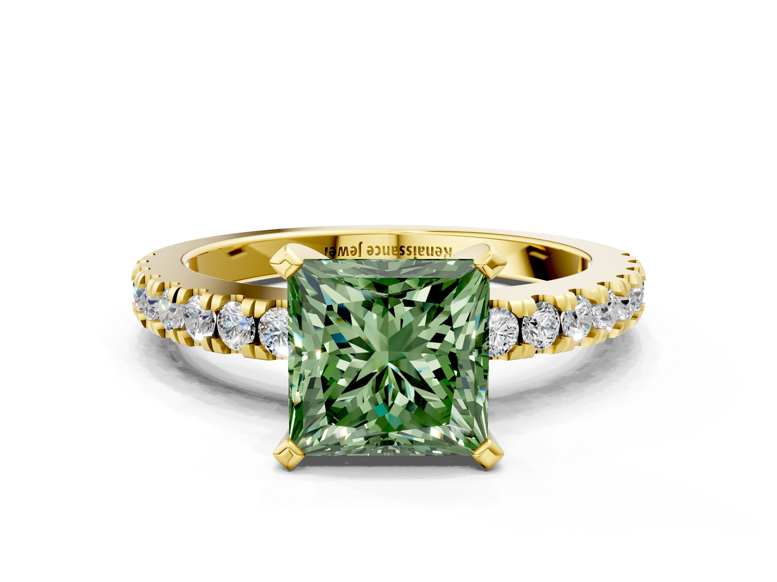 Yellow gold Fancy Green Princess  Solitaire Diamond with Pavé Band and Four-Prong Setting