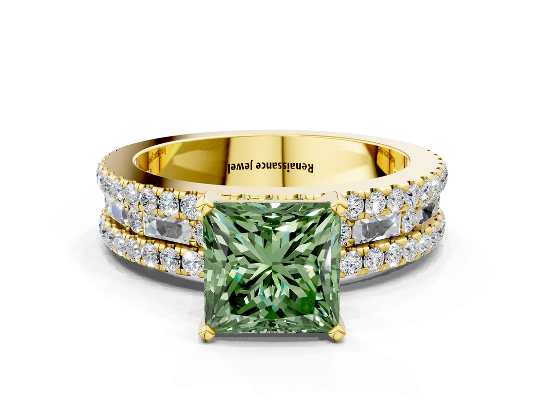 Yellow gold Fancy Green Princess  Solitaire Diamond with Pave and Channel Set Band