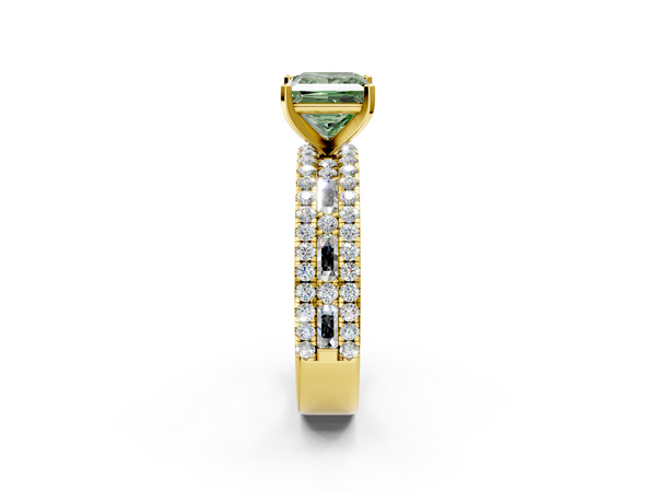 Yellow Gold Princess Cut Pave and Baguette Engagement Ring Setting for Fancy Green Center