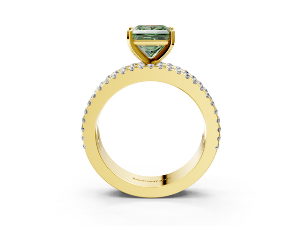 Yellow Gold Princess Cut Pave and Baguette Engagement Ring Setting for Fancy Green Center