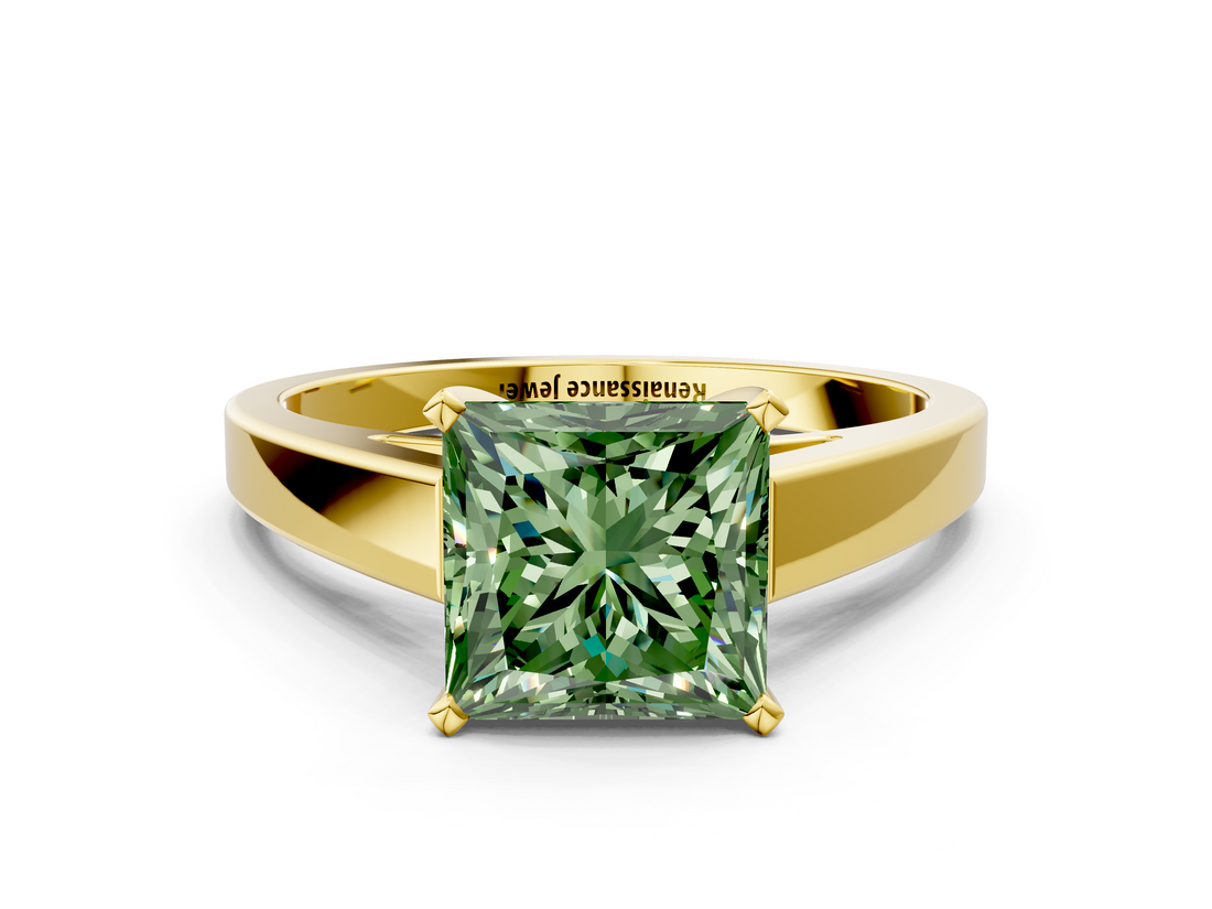 Yellow gold Fancy Green Princess  Solitaire Engagement Ring with Four-Prong Setting and Tapered Band_3
