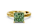 Yellow gold Fancy Green Princess  Solitaire Engagement Ring with Scrollwork Band and Four-Prong Setting