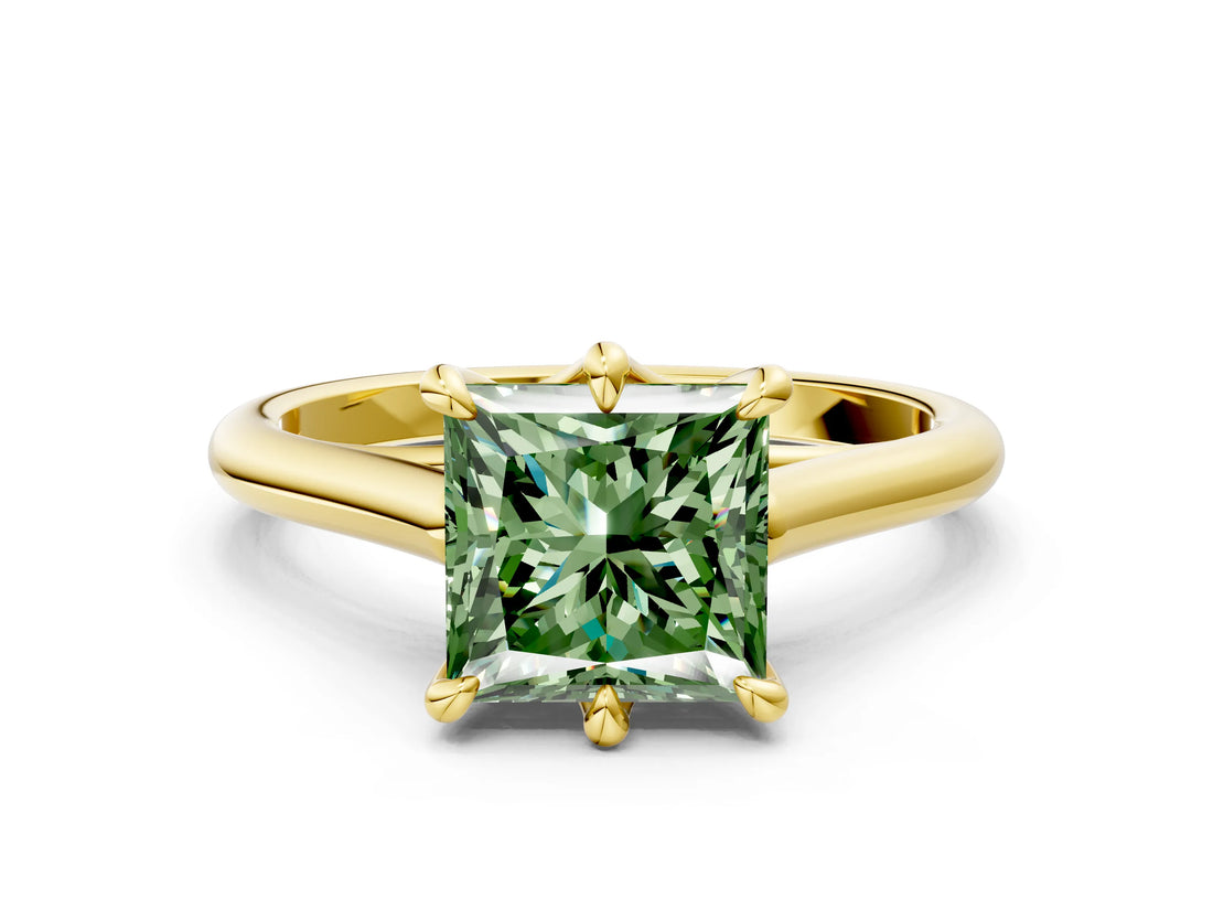 Yellow gold Fancy Green Princess  Solitaire Engagement Ring with Six-Prong Setting and Classic Band