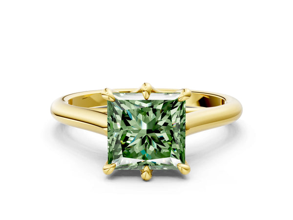 Yellow gold Fancy Green Princess  Solitaire Engagement Ring with Six-Prong Setting and Classic Band