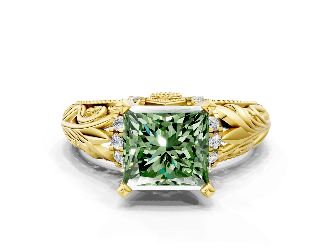 Yellow gold Fancy Green Princess  Solitaire Filigree Engagement Ring with Halo and Prong Setting
