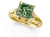 Yellow gold Fancy Green Princess  Solitaire Filigree Engagement Ring with Halo and Prong Setting_1