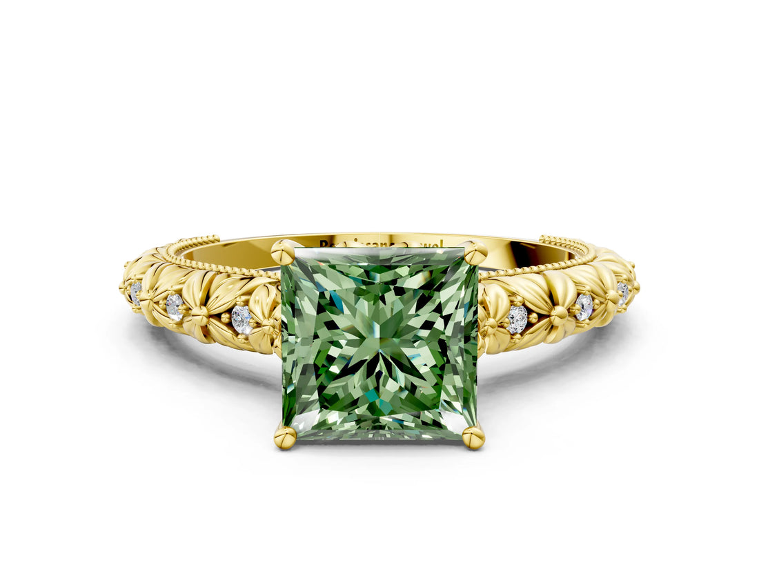 Yellow gold Fancy Green Princess  Solitaire Floral Milgrain Engagement Ring_31