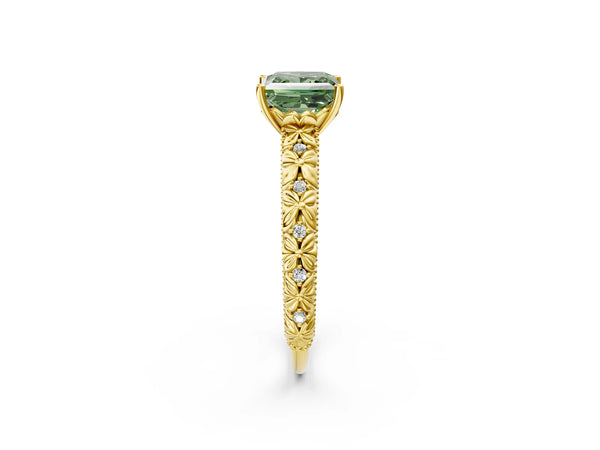 Yellow gold Fancy Green Princess  Solitaire Floral Milgrain Engagement Ring
