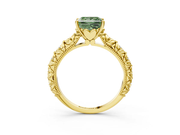 Yellow gold Fancy Green Princess  Solitaire Floral Milgrain Engagement Ring