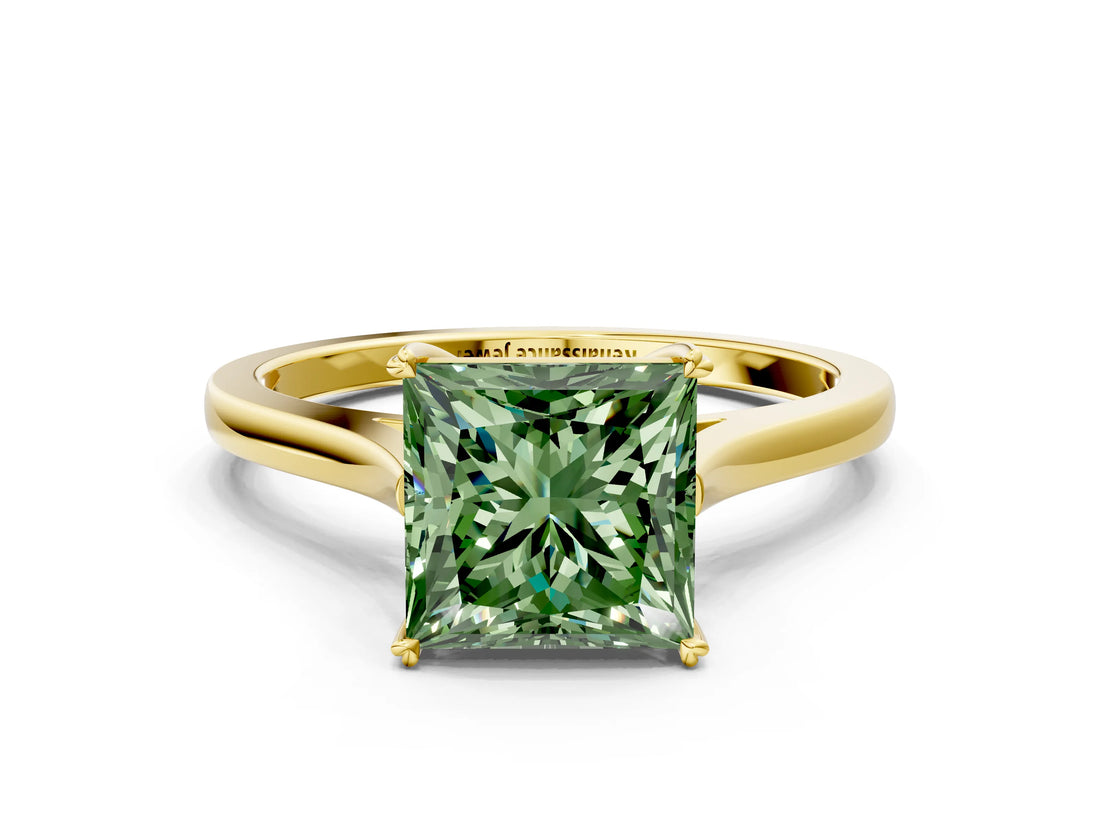 Yellow gold Fancy Green Princess  Solitaire Heart Prong Engagement Ring with Tapered Band_35