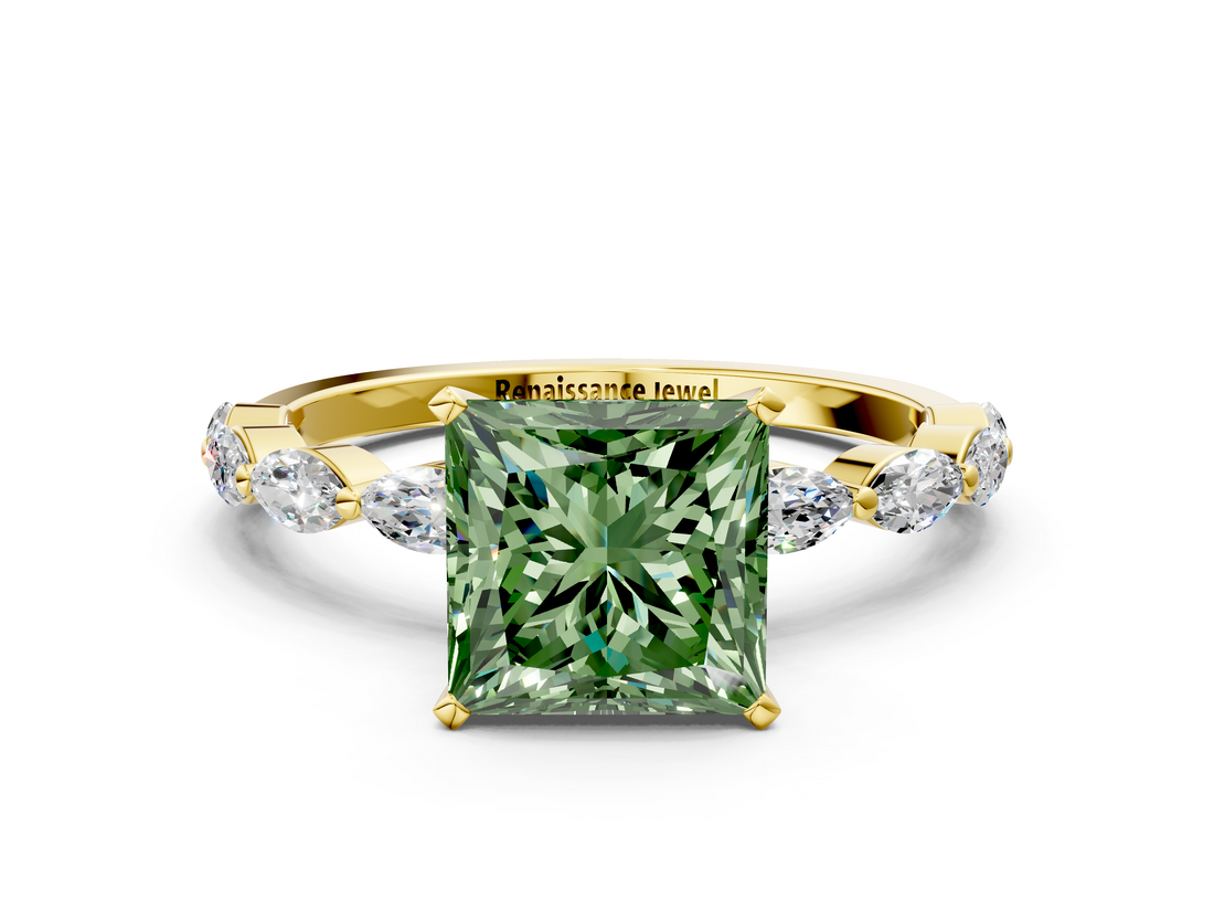Yellow gold Fancy Green Princess  Solitaire Marquise Side Stone Prong Setting Ring