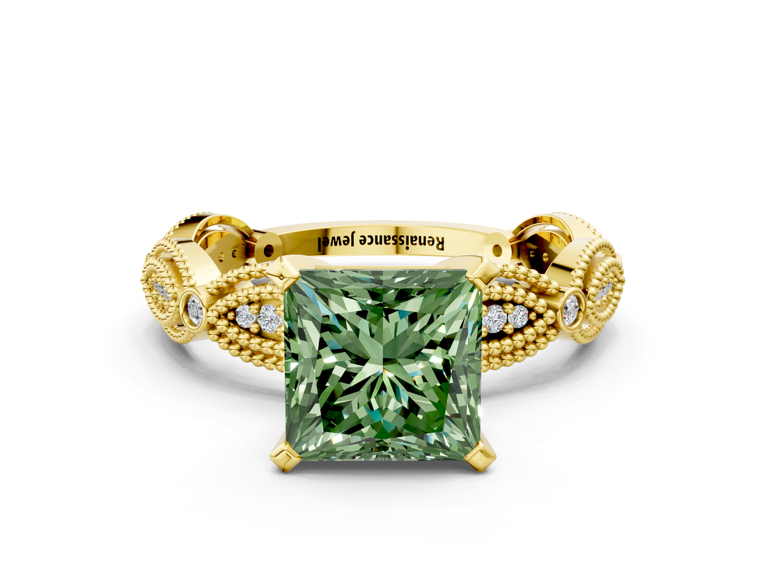 Yellow gold Fancy Green Princess  Solitaire Milgrain Diamond Engagement Ring with Bezel and Marquise Band