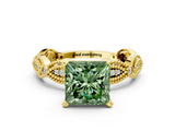 Yellow gold Fancy Green Princess  Solitaire Milgrain Diamond Engagement Ring with Bezel and Marquise Band