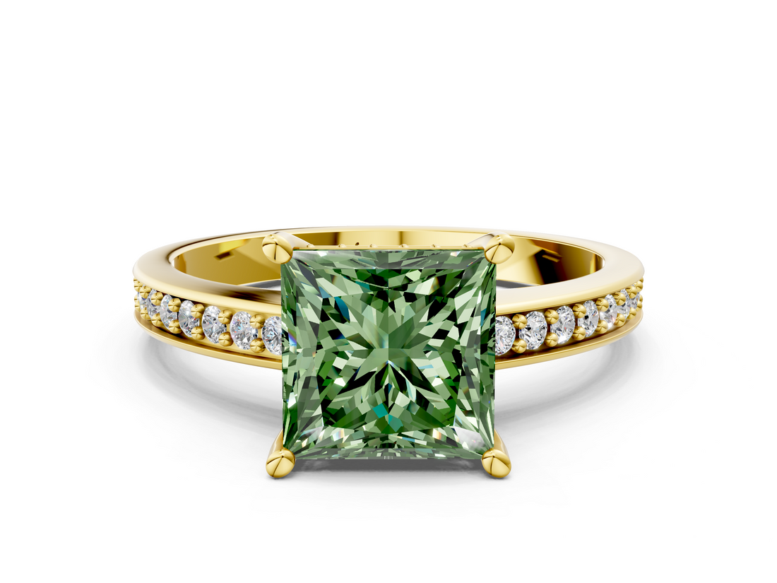 Yellow gold Fancy Green Princess  Solitaire Pavé Band Prong Setting Ring