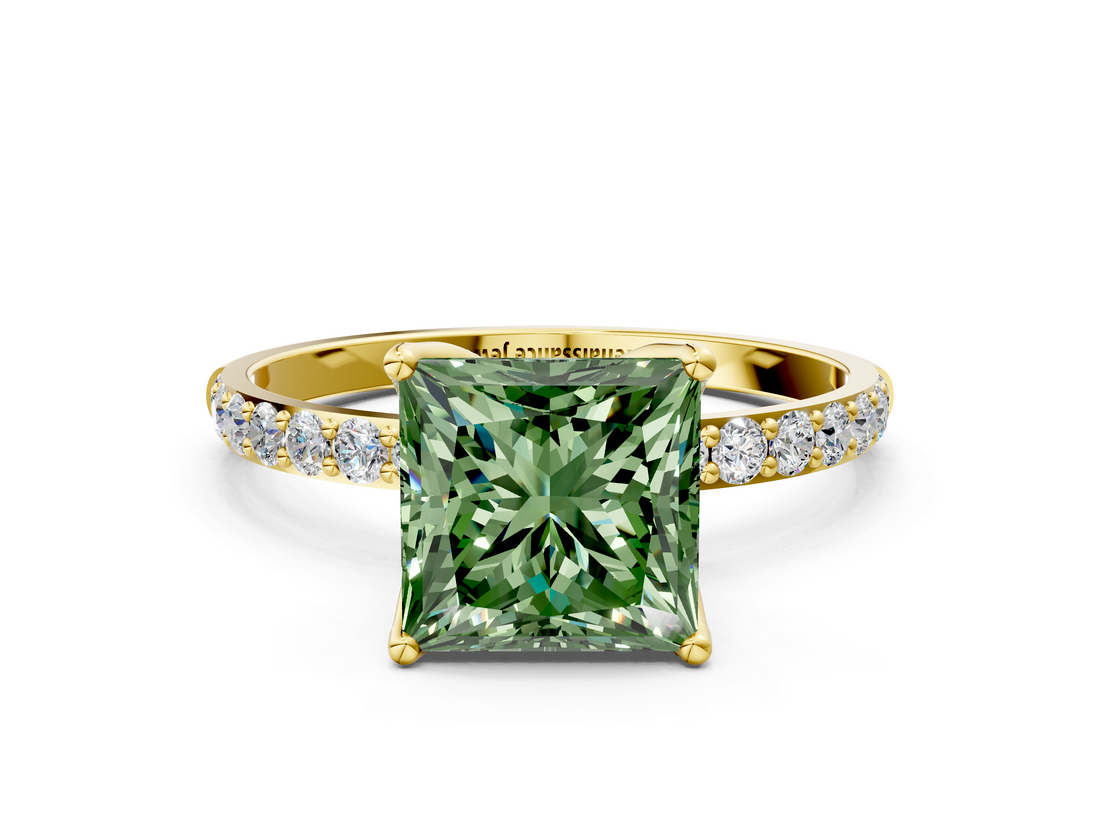 Yellow gold Fancy Green Princess  Solitaire Pavé Diamond Engagement Ring with Four-Prong Setting
