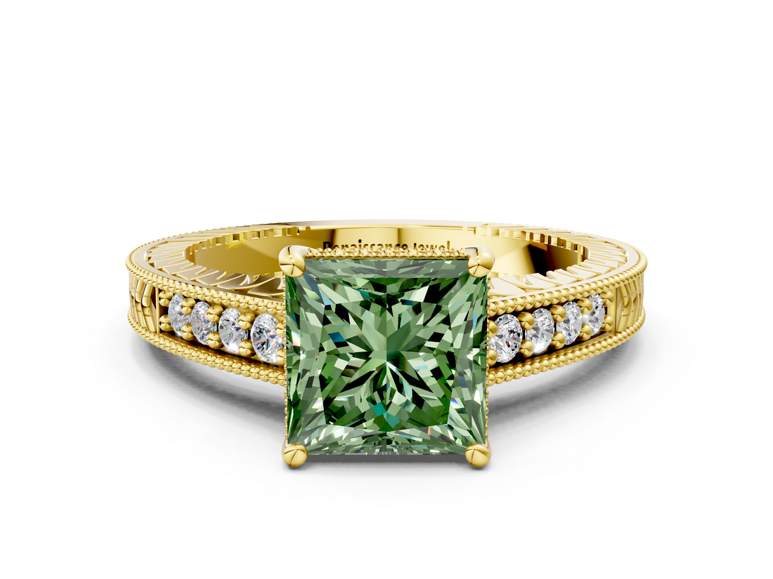 Yellow gold Fancy Green Princess  Solitaire Pavé Diamond Milgrain Engagement Ring with Four-Prong Setting