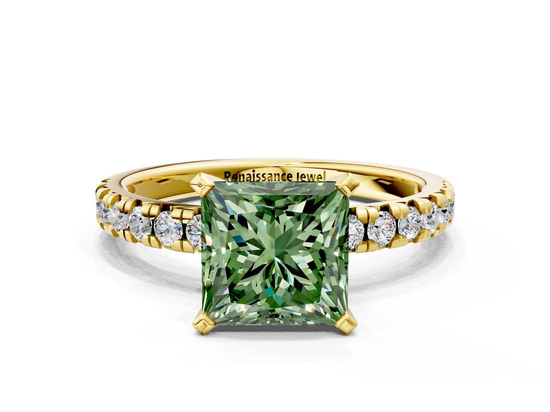 Yellow gold Fancy Green Princess  Solitaire Pave Diamond Engagement Ring with Four-Prong Setting
