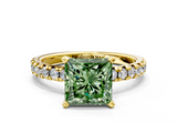 Yellow gold Fancy Green Princess  Solitaire Pave Diamond Engagement Ring with Four-Prong Setting