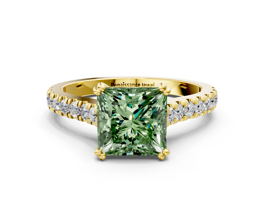 Yellow gold Fancy Green Princess  Solitaire Pave Diamond Engagement Ring with Prong Setting
