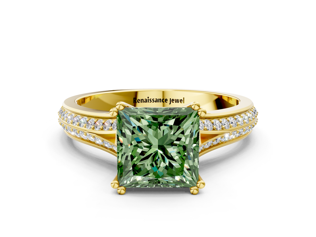 Yellow gold Fancy Green Princess  Solitaire Pave Split Shank Engagement Ring with Six-Prong Setting
