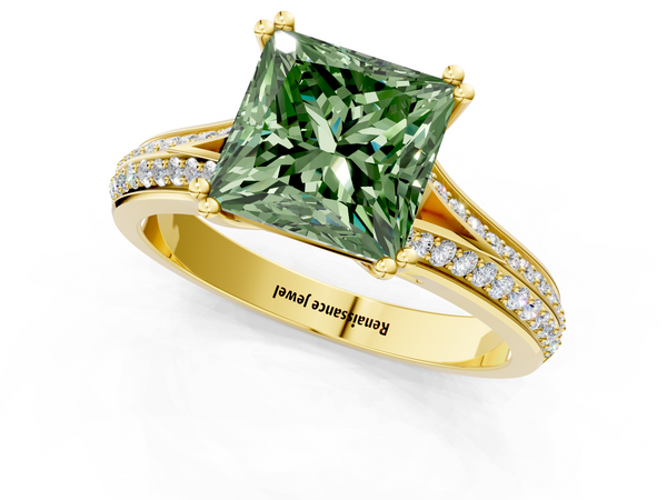 Yellow gold Fancy Green Princess Cut Diamond Split Shank Engagement Ring with Pavé Band