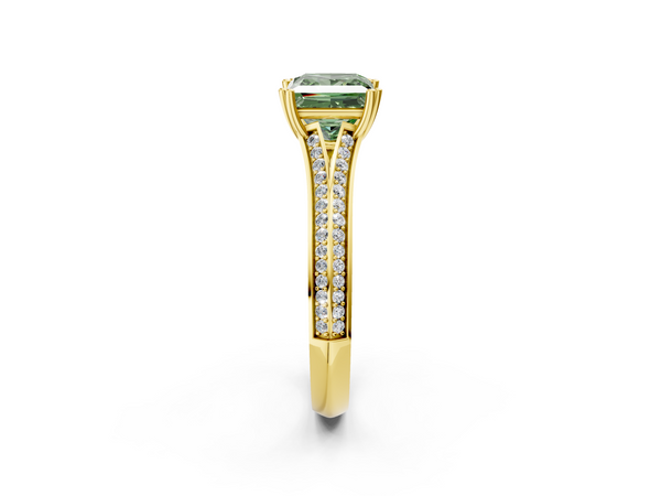 Yellow gold Fancy Green Princess Cut Diamond Split Shank Engagement Ring with Pavé Band