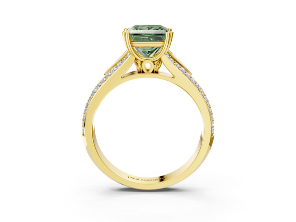 Yellow gold Fancy Green Princess Cut Diamond Split Shank Engagement Ring with Pavé Band