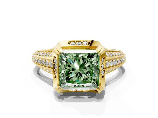 Yellow gold Fancy Green Princess  Solitaire Pave Split Shank Ring with Four-Prong Setting