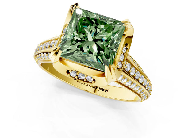 Yellow gold Fancy Green Princess  Solitaire Pave Split Shank Ring with Four-Prong Setting