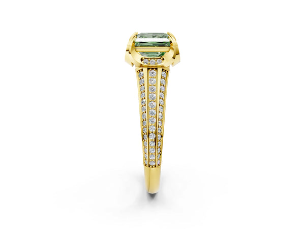 Yellow gold Fancy Green Princess  Solitaire Pave Split Shank Ring with Four-Prong Setting