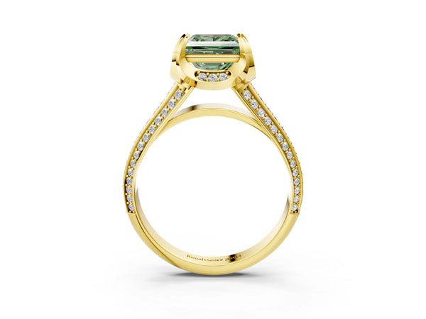 Yellow gold Fancy Green Princess  Solitaire Pave Split Shank Ring with Four-Prong Setting