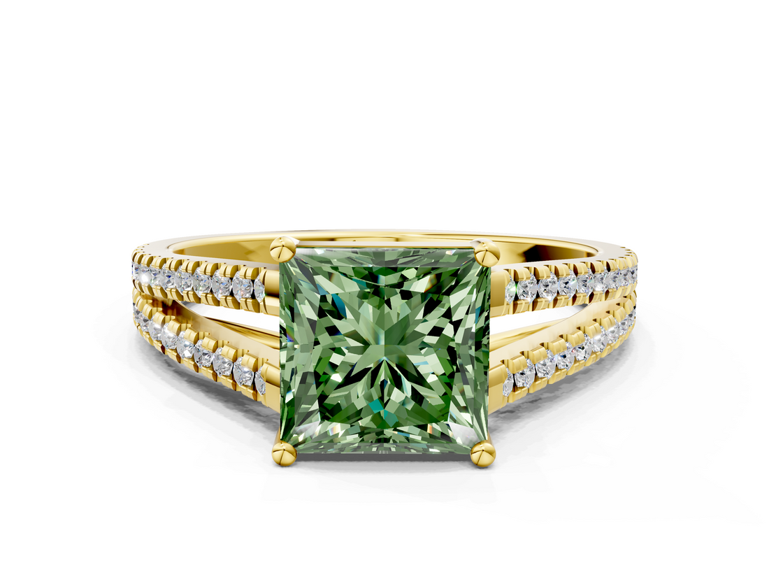 Yellow gold Fancy Green Princess  Solitaire Split Shank Pavé Diamond Engagement Ring