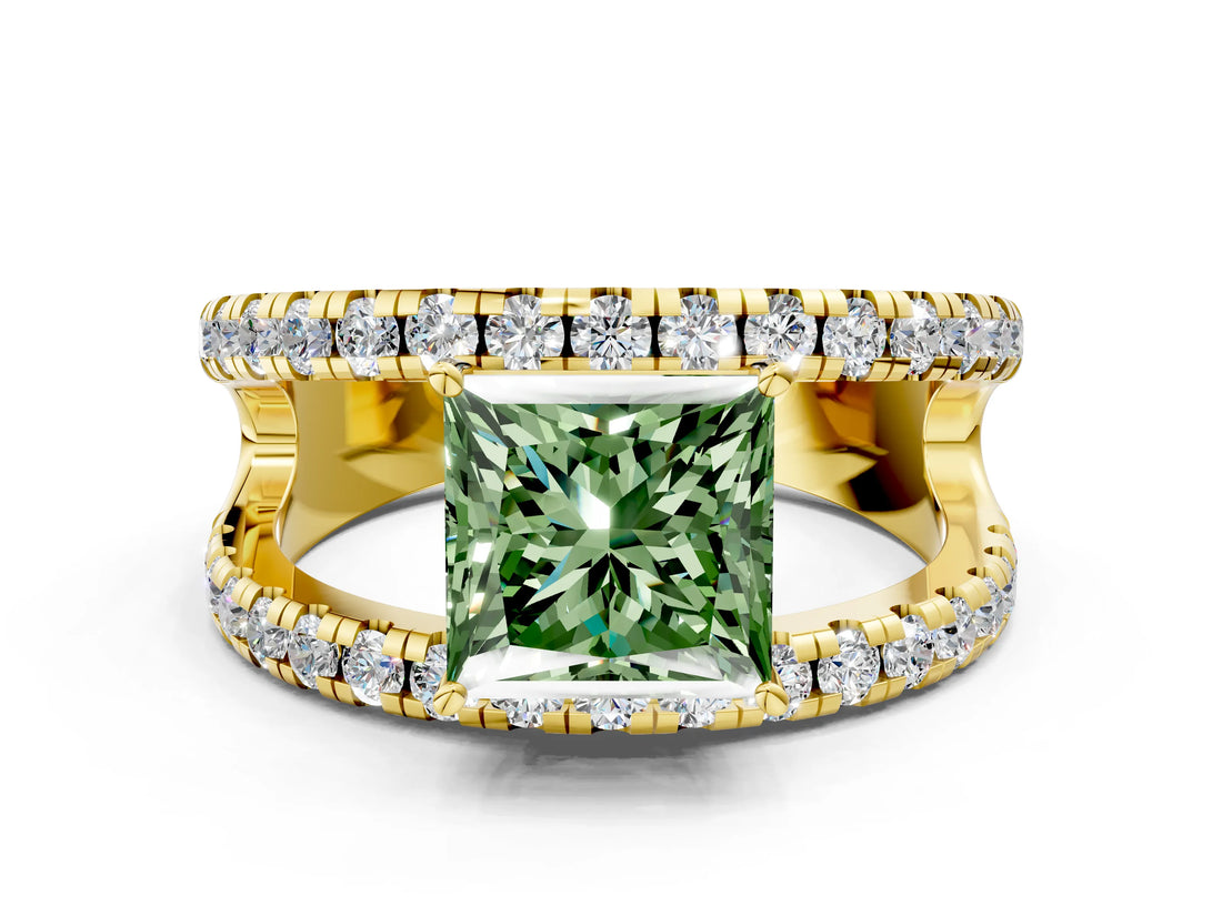 Yellow gold Fancy Green Princess  Solitaire Split Shank Pave Diamond Ring_29