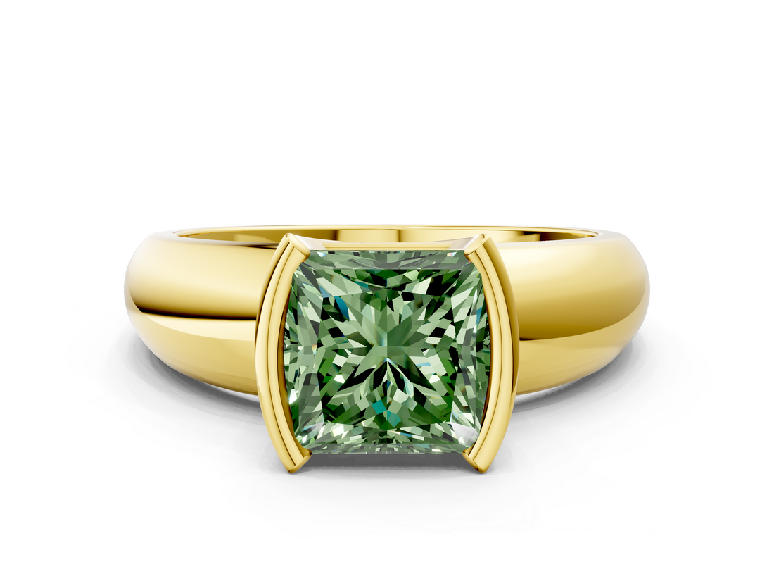 Yellow gold Fancy Green Princess  Solitaire Tension Set Diamond Ring with Wide Band
